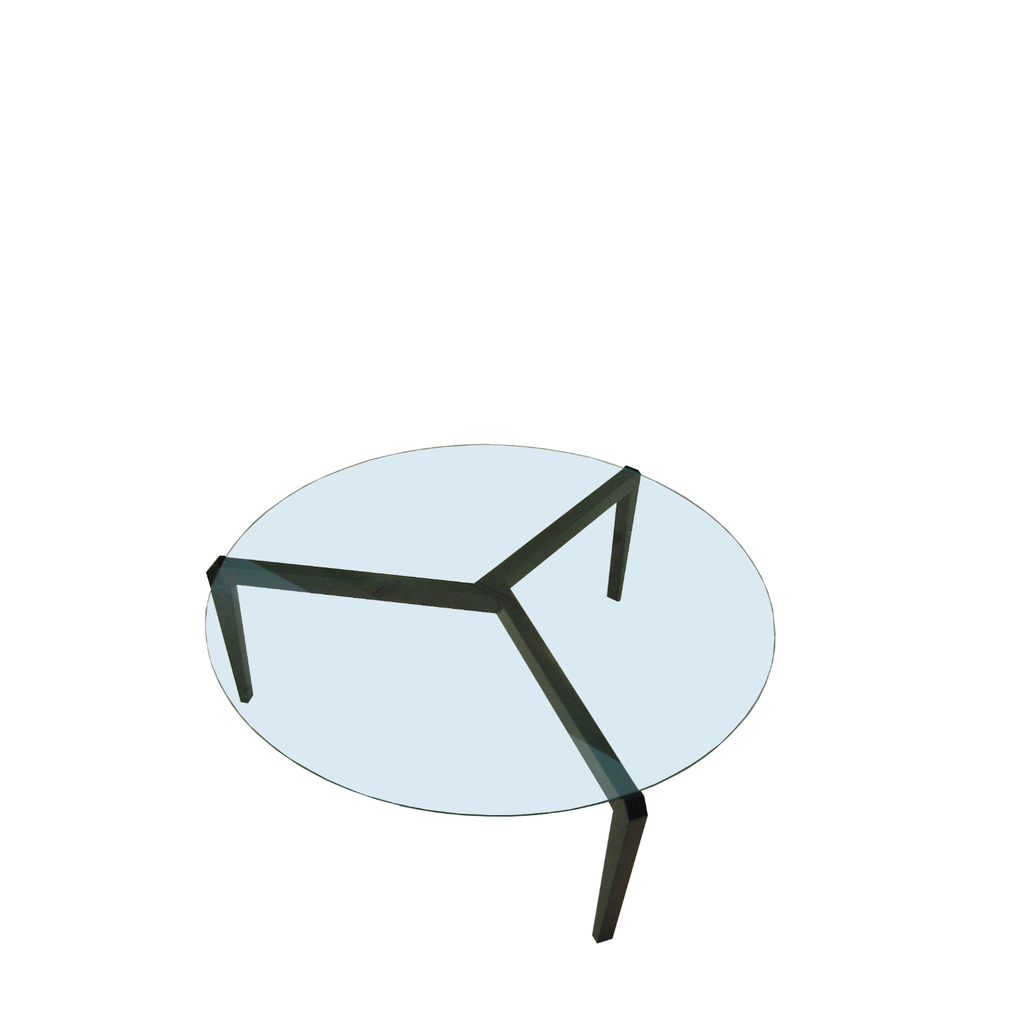 A round coffee table with a glass top and black ash wood legs, set on a light background.