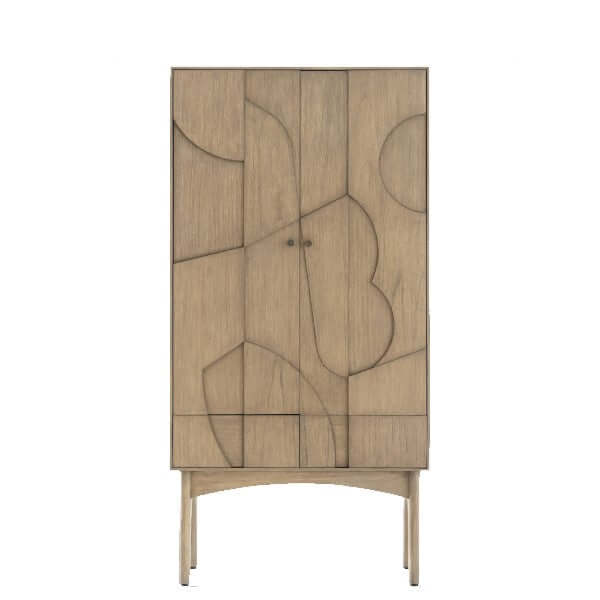 A simple bookcase with abstract patterns on the front doors, made of wood and finished in a new beech colour, with round brass door handles.