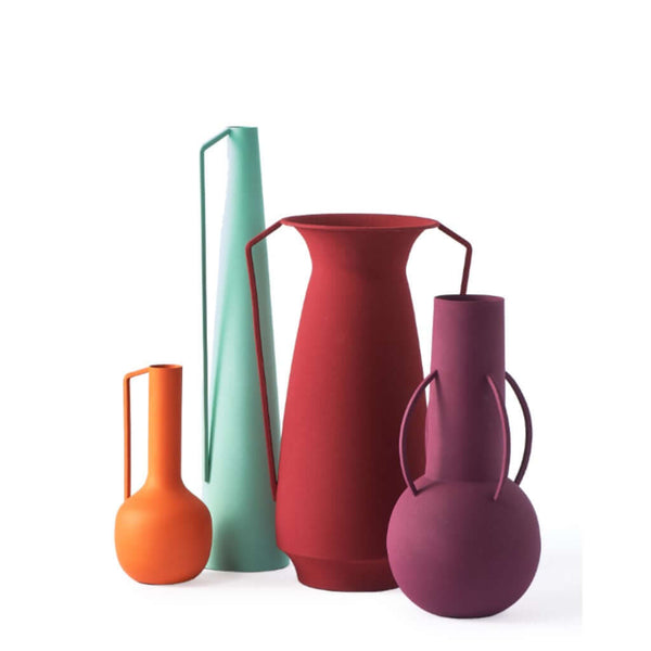 A set of four powder-coated iron Roman vases in different sizes and colour, by Pols Potten
