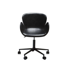 A black PU office chair with metal frame, equipped with wheels and adjustable height mechanism