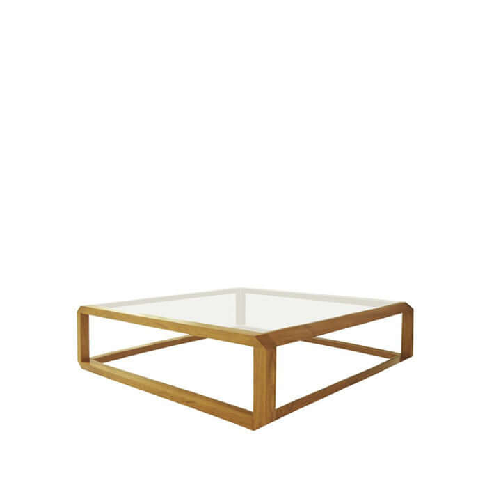 A square coffee table with a clear tempered glass top and a natural walnut wood frame.