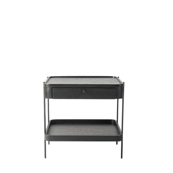A two-tier side table with a drawer, featuring a black powder coated metal frame and a gray oak veneer tabletop with solid oak edging.