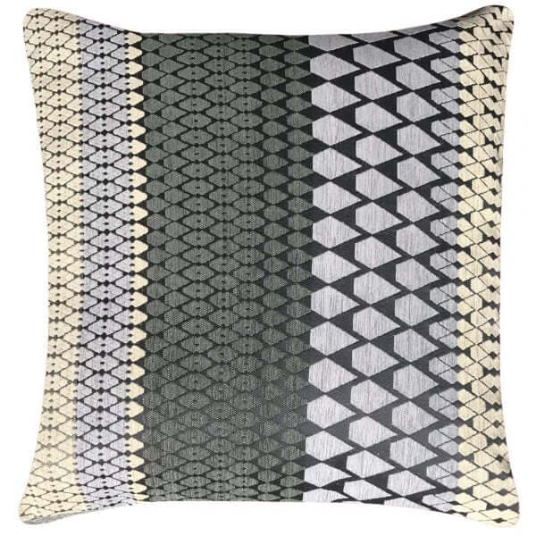 Knight Square Cushion with a geometric pattern featuring a recurring diamond shape in shades of gray, beige, and green.