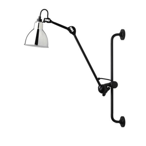 Lampe Gras 210 Wall Lamp Chrome with a chrome finish and black steel bars and arms.