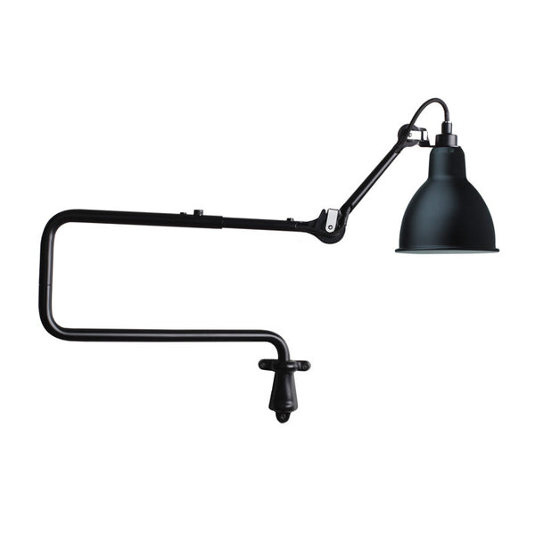 Lampe Gras 303 Wall Lamp Black with an adjustable arm, featuring a steel base and double-elbow, with an E14-ESL11W bulb.