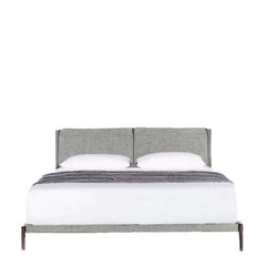 Upholstered king bed with metal legs and grey fabric, pictured without a footboard