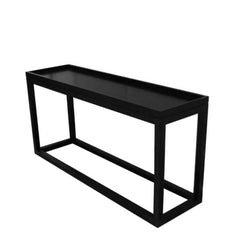 A sleek black console table with a rectangular tray surface and a visible wood grain texture.