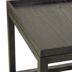 A sleek black console table with a rectangular tray surface and a visible wood grain texture.
