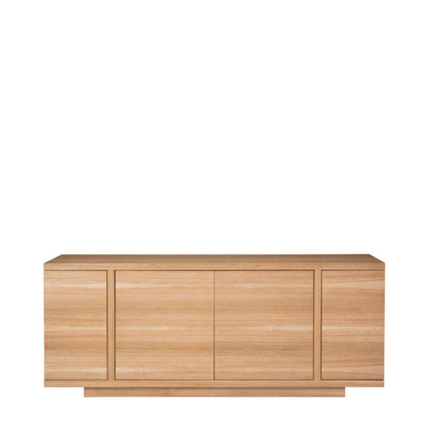 A wooden dresser with four doors, made of eucalyptus veneer on a mdf structure, in a natural finish.