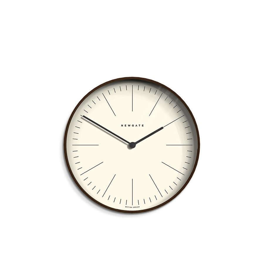 Newgate Mr Clarke Wall Clock Dark Wood with a linear marker dial, metal hands, and a glass lens.