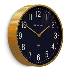 NewgateMr Edwards Wall Clock Brass with a black background, gold numbers, and a gold metal case.