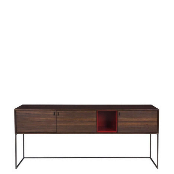 A contemporary sideboard with three doors and an open compartment, featuring a dark brown eucalyptus finish and black galvanized steel frames.