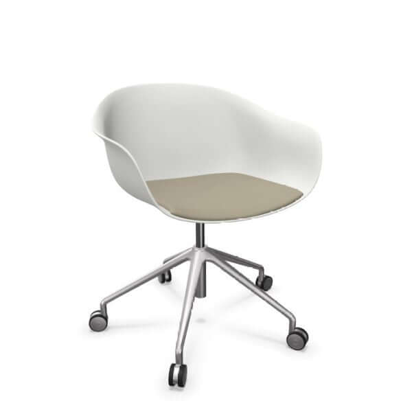 Next Swivel Chair White featuring swivel base on casters and grey leather seat cushion on white thermo-polymer seat.