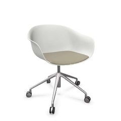 Next Swivel Chair White featuring swivel base on casters and grey leather seat cushion on white thermo-polymer seat.