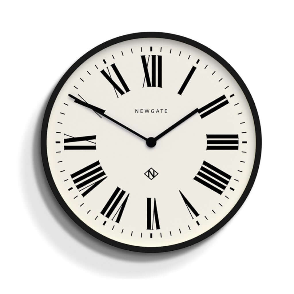 Number Three Italian Wall Clock Black with Roman numeral dial and metal hands, branded Newgate.