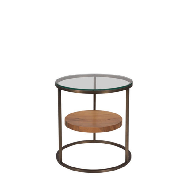 A round end table with a stainless steel frame and clear glass top, featuring a circular solid suar wood tray beneath.