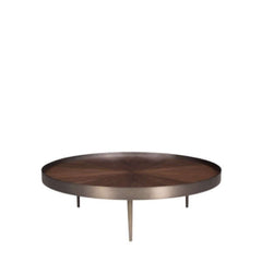 A round walnut veneer Olla Coffee Table Low with a stainless steel frame and legs, featuring a tray shape design.