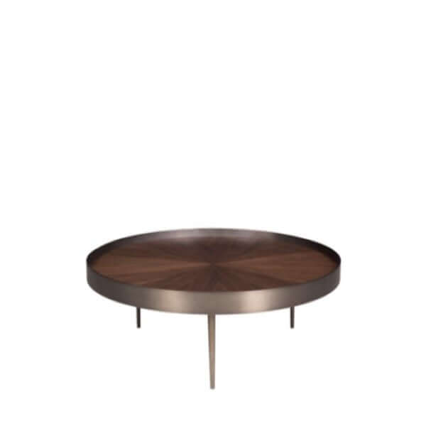 A round walnut veneer Olla Coffee Table Tall with a stainless steel frame and legs, featuring a tray shape design.
