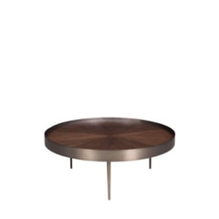 A round walnut veneer Olla Coffee Table Tall with a stainless steel frame and legs, featuring a tray shape design.