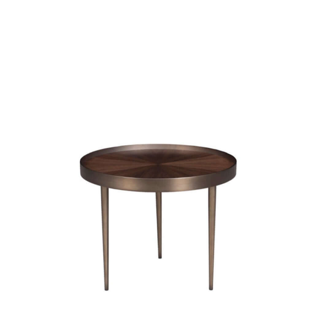 A round Olla End Table with a walnut veneer top and stainless steel metal frame and legs.