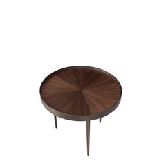 A round Olla End Table with a walnut veneer top and stainless steel metal frame and legs.