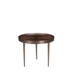 A round Olla End Table with a walnut veneer top and stainless steel metal frame and legs.