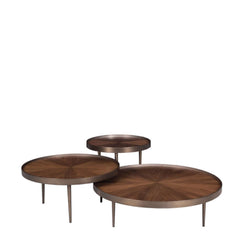 Olla End Table, from a round table family with a walnut veneer top and stainless steel metal frame and legs.