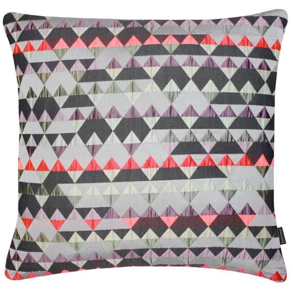 Pecos Square Cushion with a geometric pattern featuring neon pink against soft neutral greys, by Margo Selby