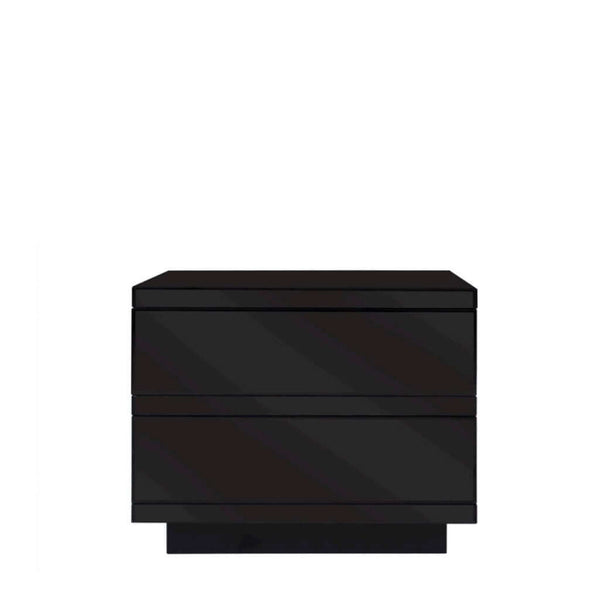 A black modern nightstand with two deep drawers, made of mirror glass on MDF.