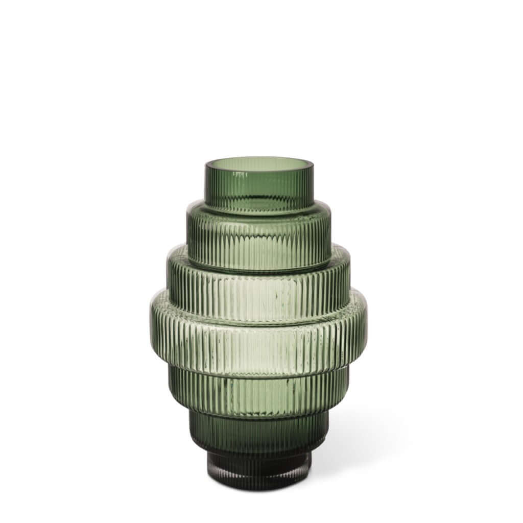 Steps Vase Small Green with vertical ridges, featuring an intricate and textured design, by Pols Potten