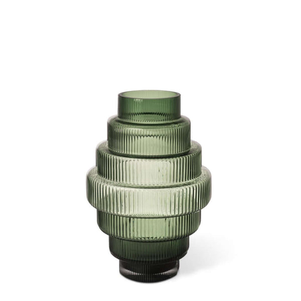 A conical green-colored glass vase with vertical ridges, featuring an intricate and textured design, by Pols Potten
