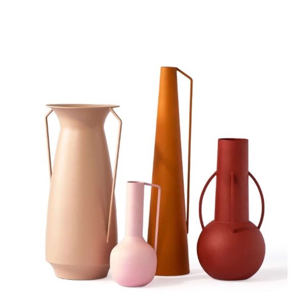A set of four powder-coated iron Roman vases in different sizes and colour, by Pols Potten