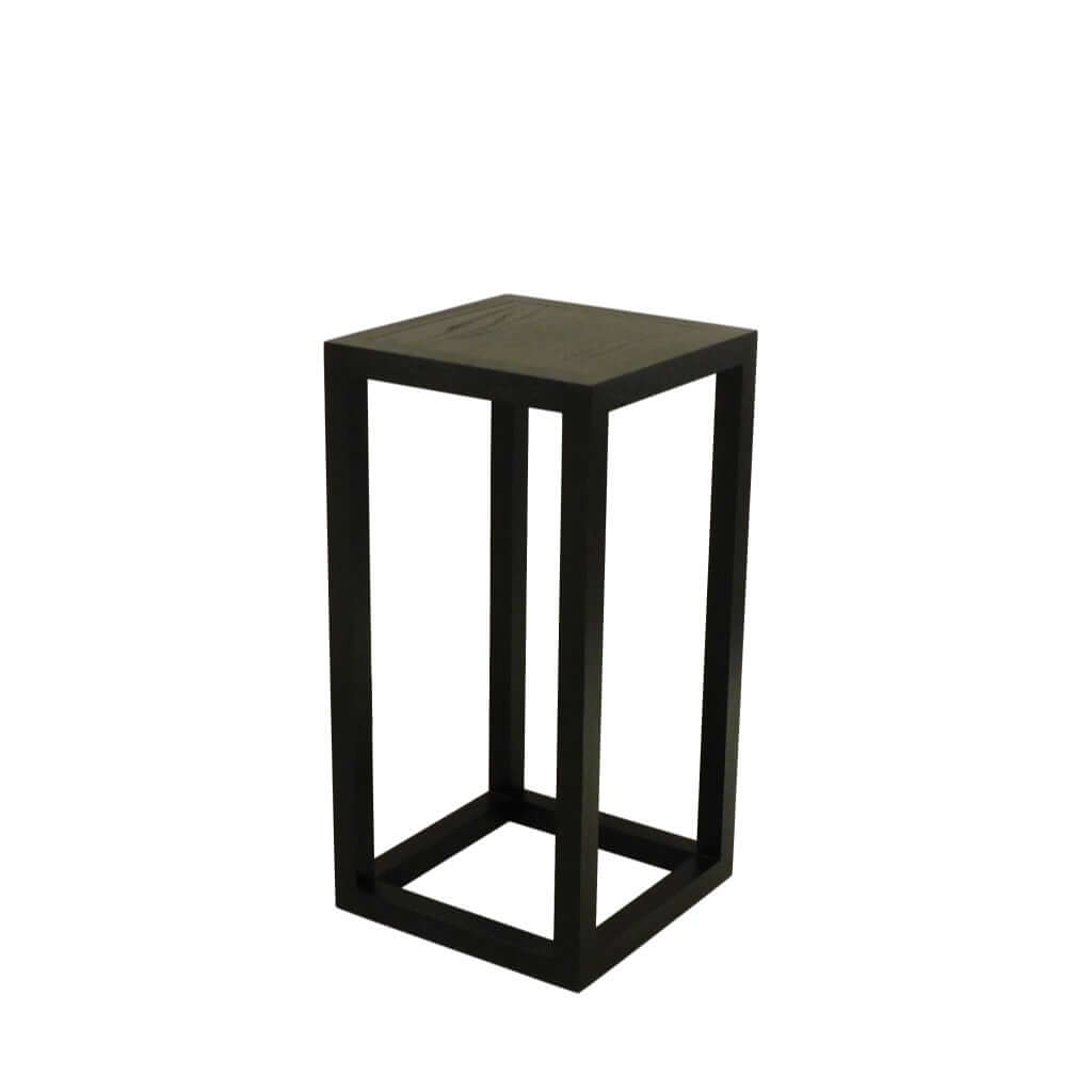 Tipis Pedestal Small Ash made of solid ash wood with an open pore finish in charcoal color, designed to display vases, plants, or sculptures.