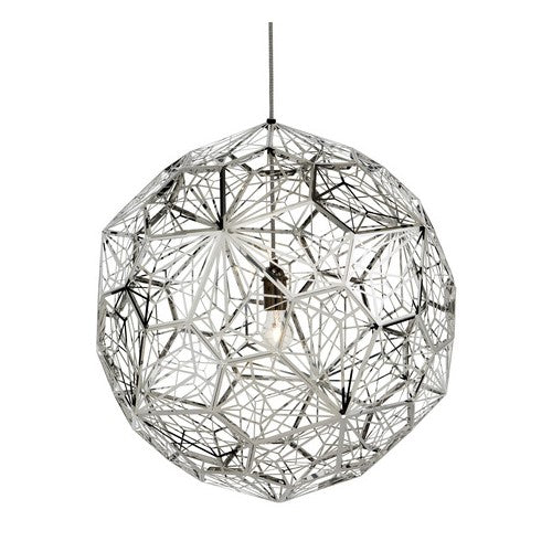 A geometrically complex pendant light with a geometric pattern, predominantly in silver color, with black and white striped fabric cable.