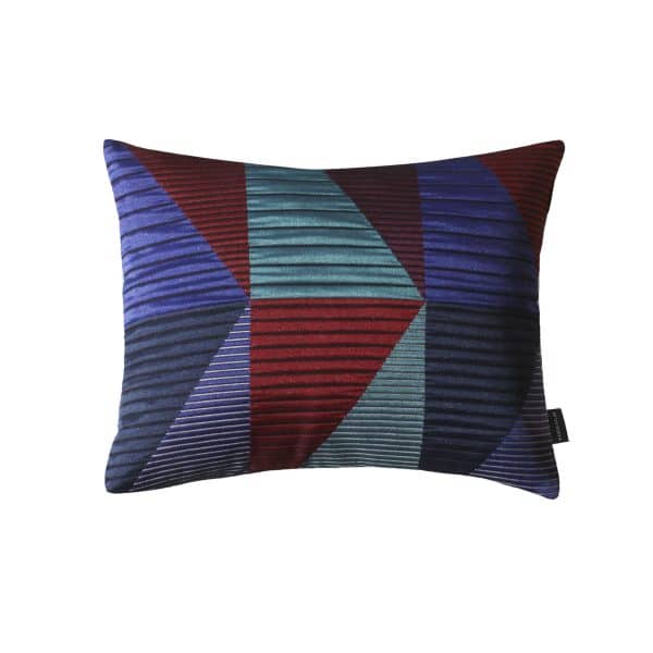 Ventura Rectangle Cushion with a large-scale geometric pattern in shades of blue and red, featuring a pinstripe design, by Margo Selby