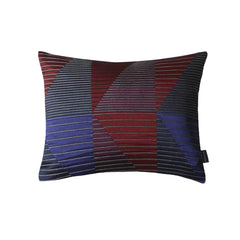 Ventura Rectangle Cushion with a large-scale geometric pattern in shades of blue and red, featuring a pinstripe design, by Margo Selby