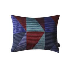 Ventura Rectangle Cushion with a large-scale geometric pattern in shades of blue and red, featuring a pinstripe design, by Margo Selby