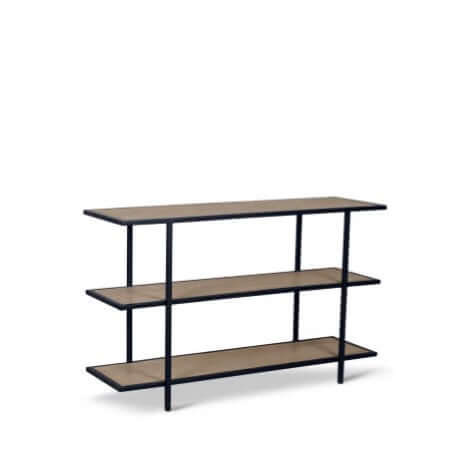 A black powder coated steel Yombe Console with three shelves, featuring a slatted wood pattern on the shelves. 