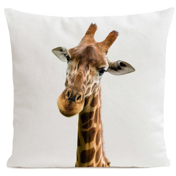Giraffe Cushion 40x40cm with a printed image of a giraffe's face on it.